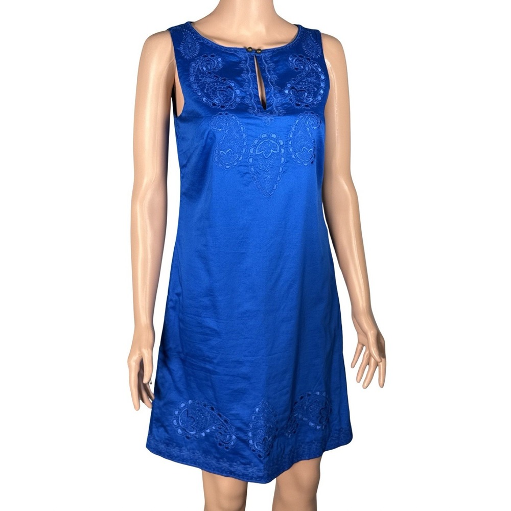 Monsoon Blue Paisley Embroidered Sleeveless Shift Dress Eyelet Detail‎ Size 8